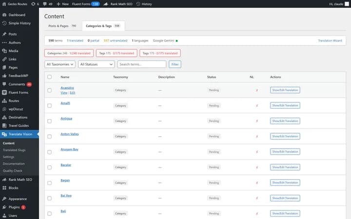 Content page showing categories and tags with translation status