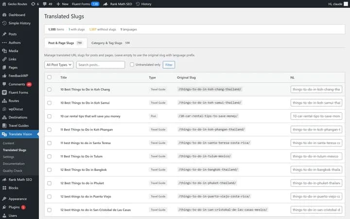 Translated URL slugs management showing posts with translated slugs per language