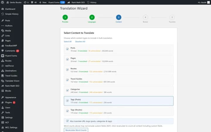 Translation wizard step 3 showing content selection